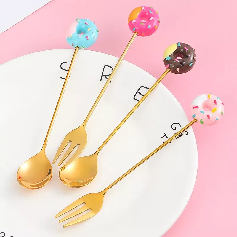 

Donut Fork Spoon Stainless Steel Doughnut Dessert Fruit Forks Honey Coffee Stirring Spoon Baby Kid Cutlery Dinnerware Accessorie