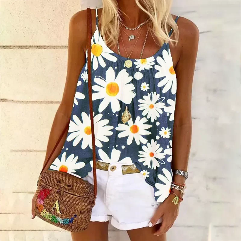 

Size 5XL Women Little Daisy Prints T Shirts Loose Beach Sexy Spaghetti Strap Tank Tee Shirts Female 2021 Summer Boho Tops