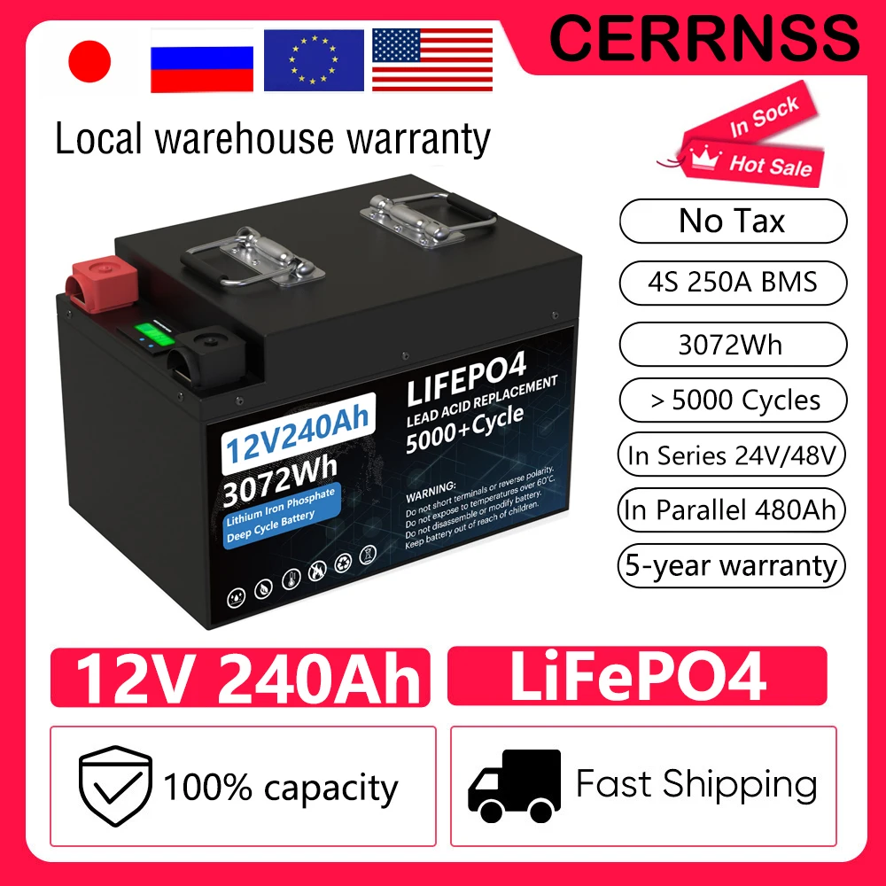 12V 200AH 240AH LiFePO4 Battery Pack Lithium Iron Phosphate Batteries Grand A Cells Built-in BMS 5000+ Cycles For Boat RV NO TAX