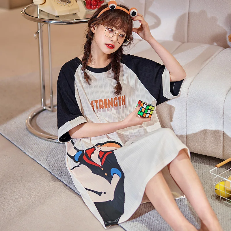 Disney Popeye Cotton Sleepshirts Nightgown Summer Night Dress Women Nighties Short Sleeve Nightwear Sleepwear Women Home Shirts