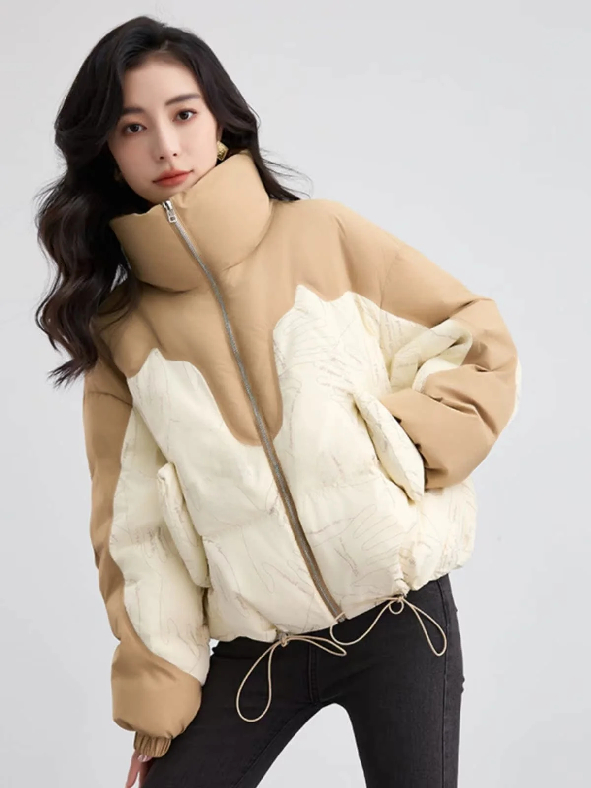 2024 новый зимний короткий пуховик женский контрастный цвет лоскутный