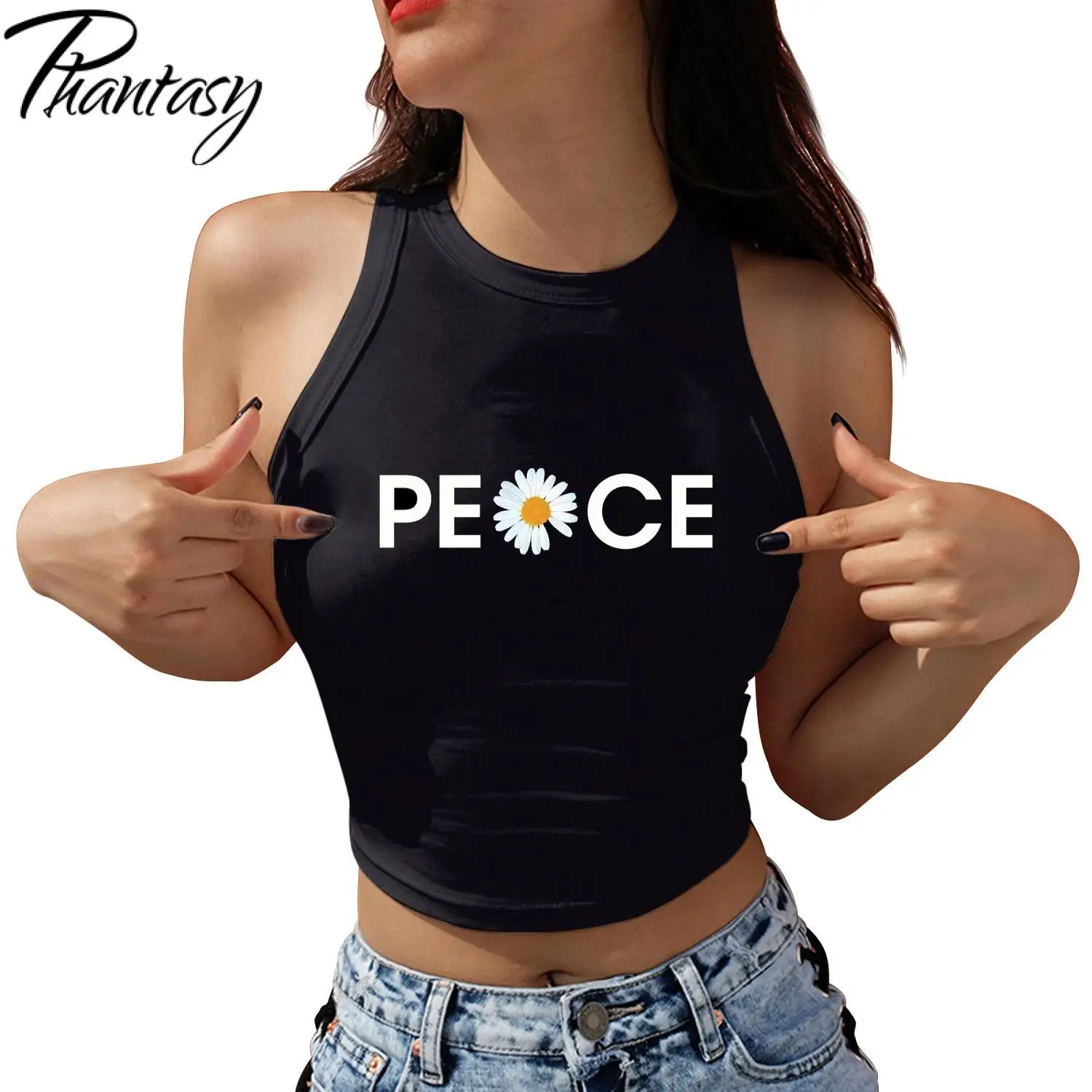 Фото Phantasy женский укороченный топ Y2K без рукавов, майка Daisy Peace с графическим принтом, короткий жилет, футболки, уличная модная женская одежда №1