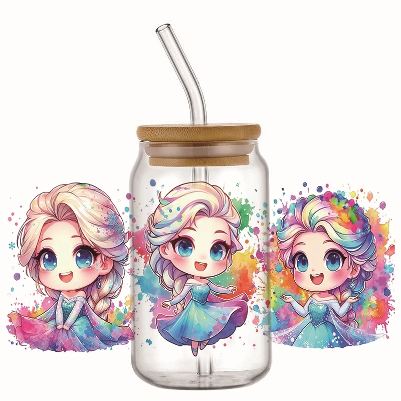 Minoso 3D Принцесса Эльза DTF УФ-наклейка Для Стеклянной Кофейной Кружки 16 Унций