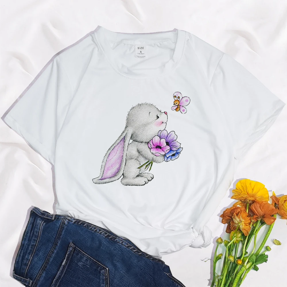 

Rabbit And Flower Butterfly Funny Print Clothing Women T Shirt Aesthetics Graphic White Short Sleeve Polyester Women's T Shirt