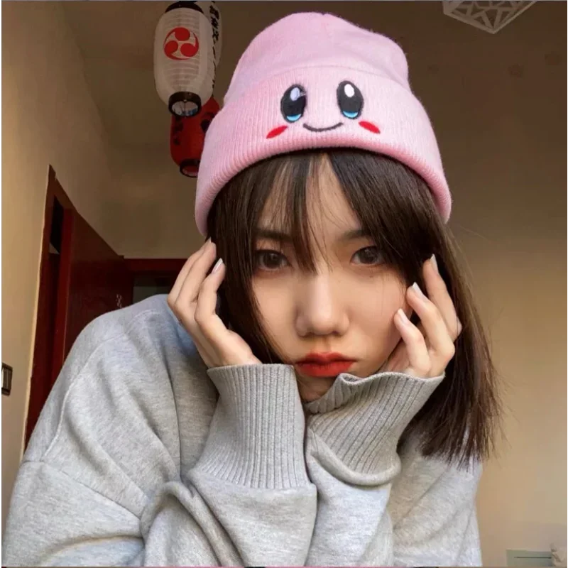 Фото Kawaii аниме звезда Кирби шляпа милое лицо глаза косплей сохраняет тепло вязаная шапка унисекс для взрослых и детей кепка хип-хоп осень зима детский подарок №5