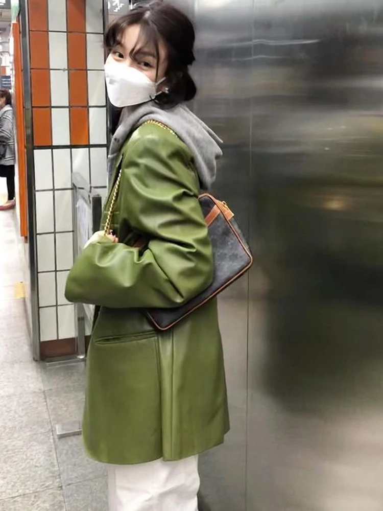 QOERLIN PU Faux Leather Jacket Women Loose Casual Biker Jackets with Pockets Outwear Female Tops BF Style Green Long Jacket Coat