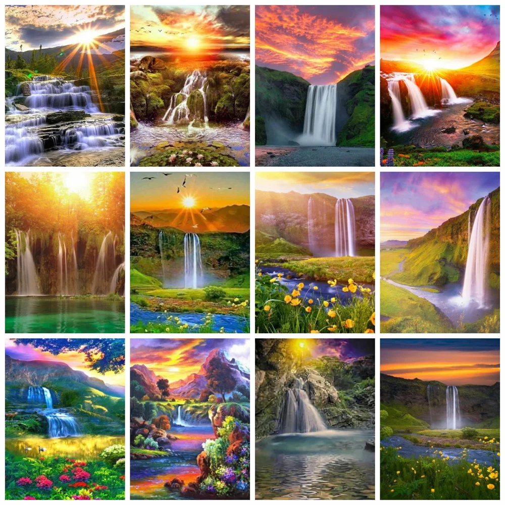 

Набор для алмазной живописи Huacan, пейзаж «закат водопада», полноразмерная/круглая мозаика, украшение для гостиной с вышивкой из натуральных гор