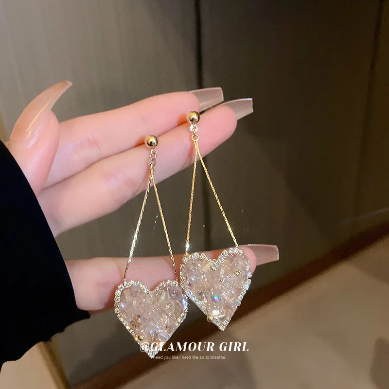 

Genuine Gold Plated Silver Needle Set With Diamond Crystal Love Earrings, Korean Aestheticism, Small Fragrance, Long