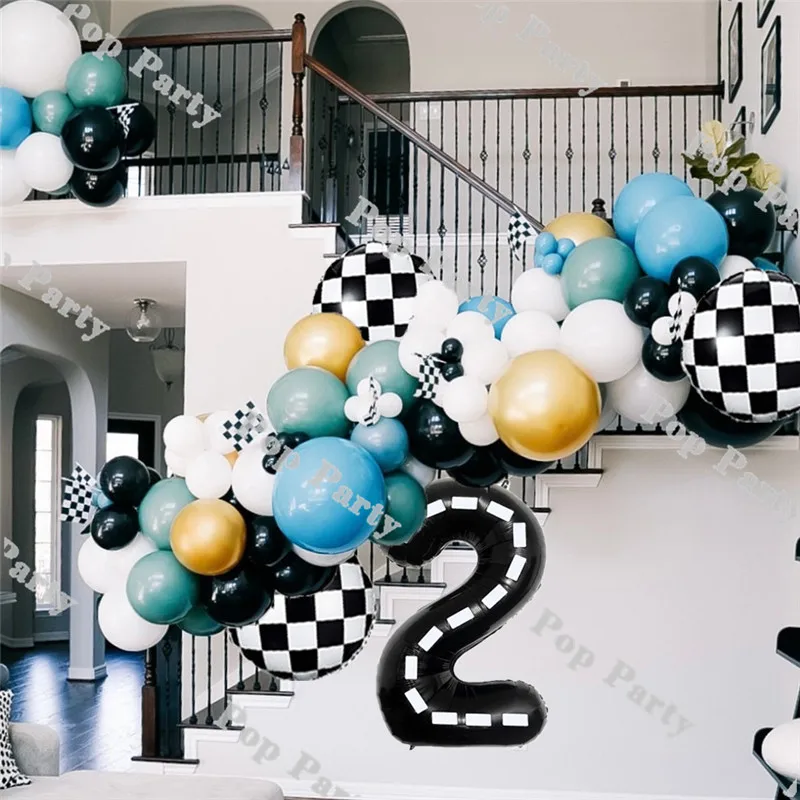 

Race Car Birthday Kids Balloons Arch Decor Checked Black White Banner Flag Two Fast Racing Car Willow Blue Themed Party Supplies