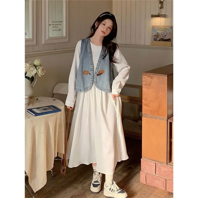 Весенне-осенний джинсовый жилет белое платье модный костюм-двойка женская