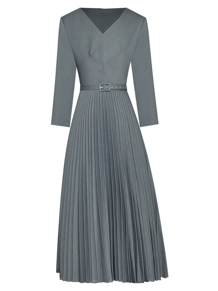 

Runway High Quality Spring Autumn New Women's High Street Celebrity Party Casual Vintage Elegant Designer Pleated Midi Dress