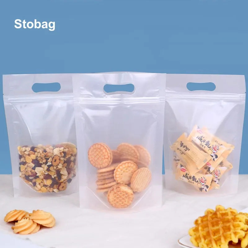 

StoBag 100pcs Matte Clear Food Packaging Ziplock Bag with Handle Stand Up Sealed for Candy Cookies Nuts Storage Reusable Pouch
