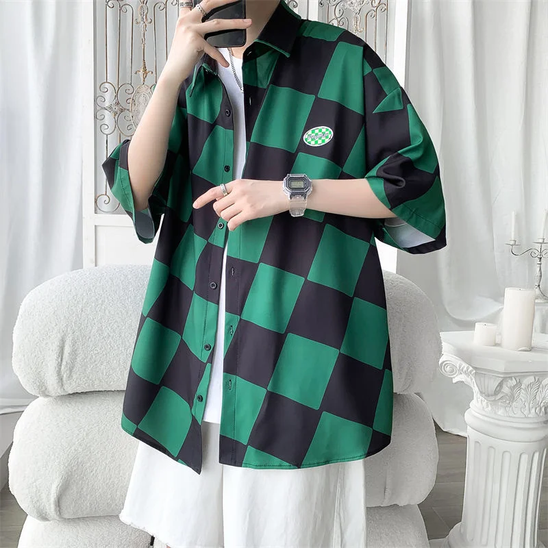 

HybSkr New Men's Plaid Ice Silk Shirts Streetwear Oversize Short Sleeve Blouses Turn-down Collar Summer Cardigan Shirts