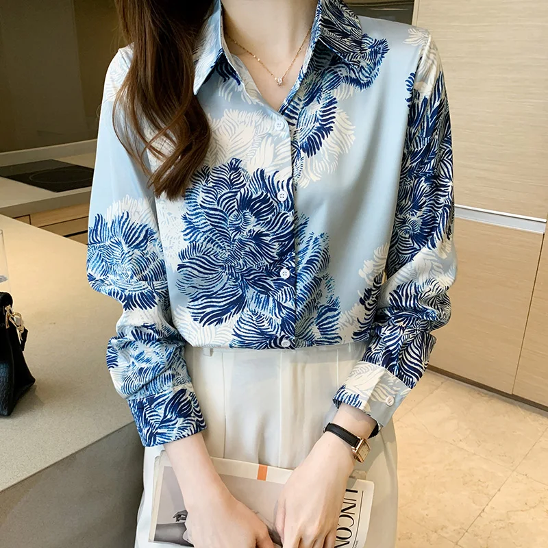 

Summer Satin Women's Blouse Polo Shirt Print Clothing Casual Loose Lady Long Sleeve Top Houthion