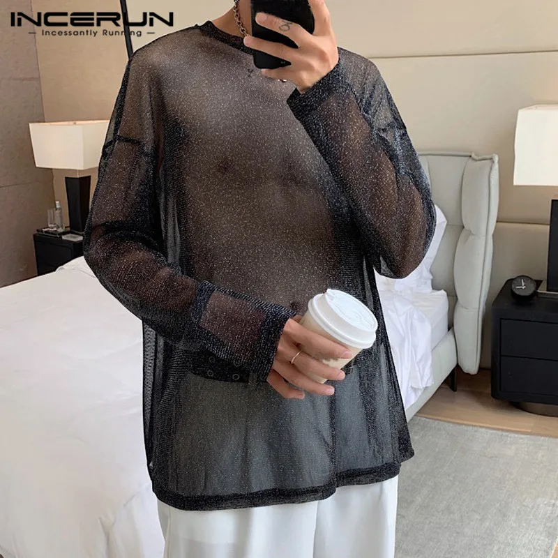 

Korean Style Mens Flash Sunscreen See-through Mesh T-shirts Male Casual Thin long-sleeved Loose Camiseta S-5XL INCERUN Tops 2023
