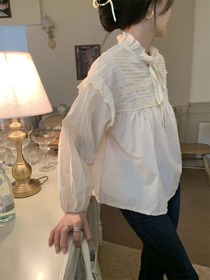 

GG0680 2022 New Gentle Style Versatile Apricot Stand Neck Tie up Bubble Sleeve Long Sleeve Women's Shirt Fashion