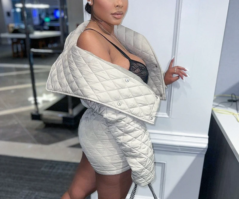 2022 Winter Women's New Casual Two-piece Suit, Fashionable Large Lapel Cotton Jacket Shorts Solid Color Suit
