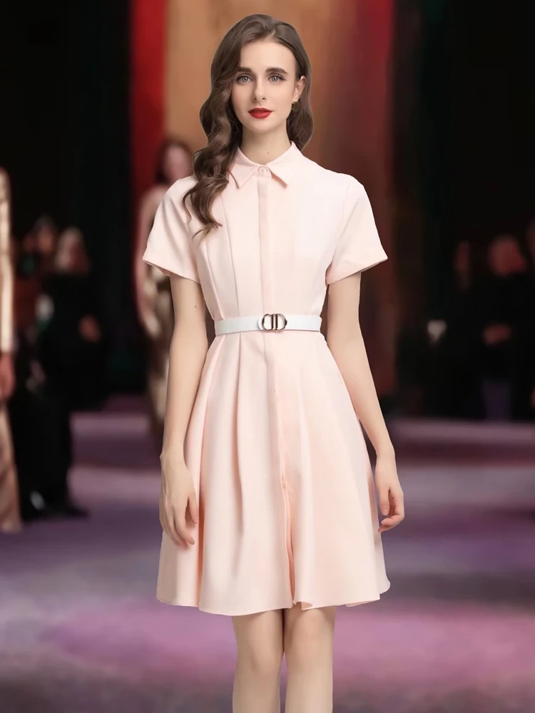 

Knee Dresses New Designer Fashion Spring Autumn High Quality Women's Vintage Elegant Chic Casual Party Vacation Navy Pink Dress