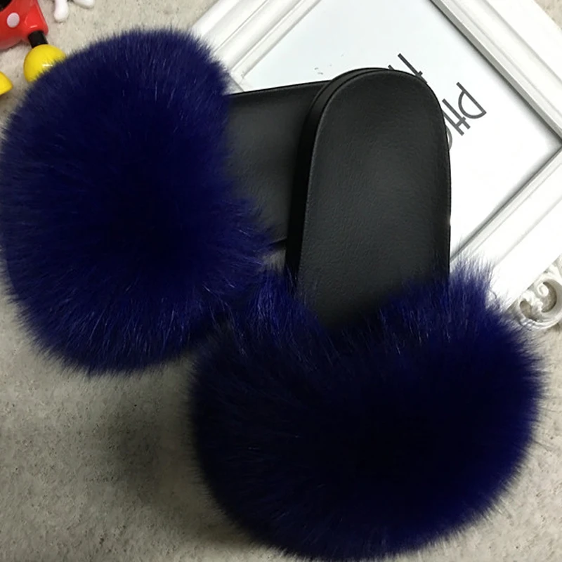 Summer Fluffy Fox Fur Slides For Women Designer Luxury Cute Plush Real Fur Slippers Female Furry Sandals Home Flats Wholesale