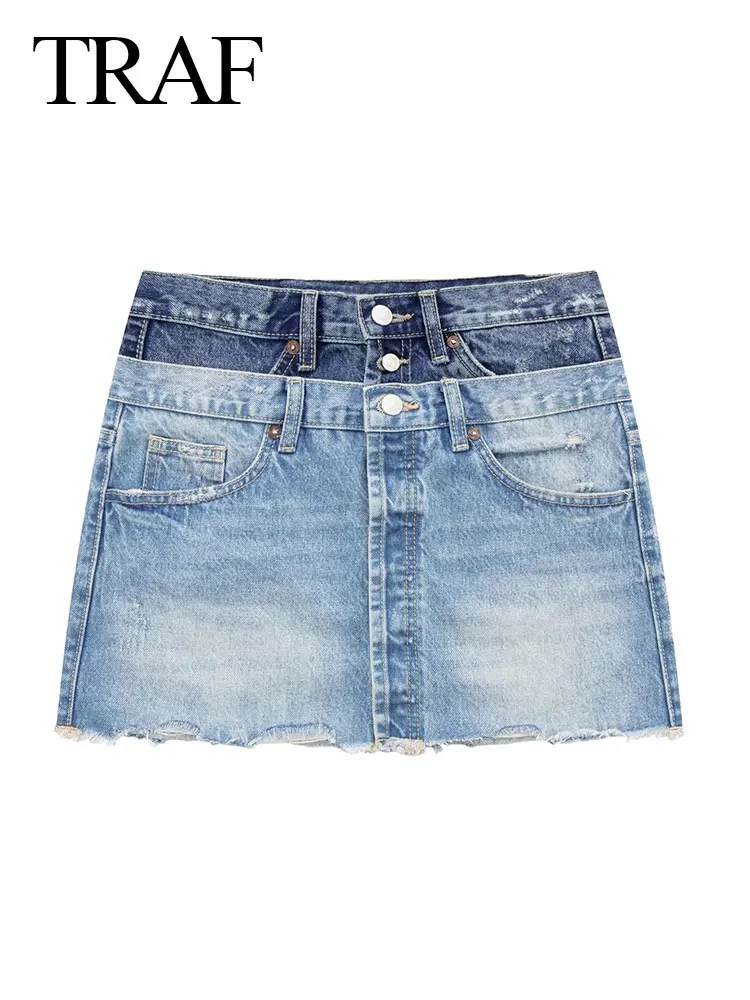 

TRAF Ladies Summer Casual Hidden Button Denim Shorts Miniskirt Fashion High Waist Wide Pleated Stitching Design Satin Shorts