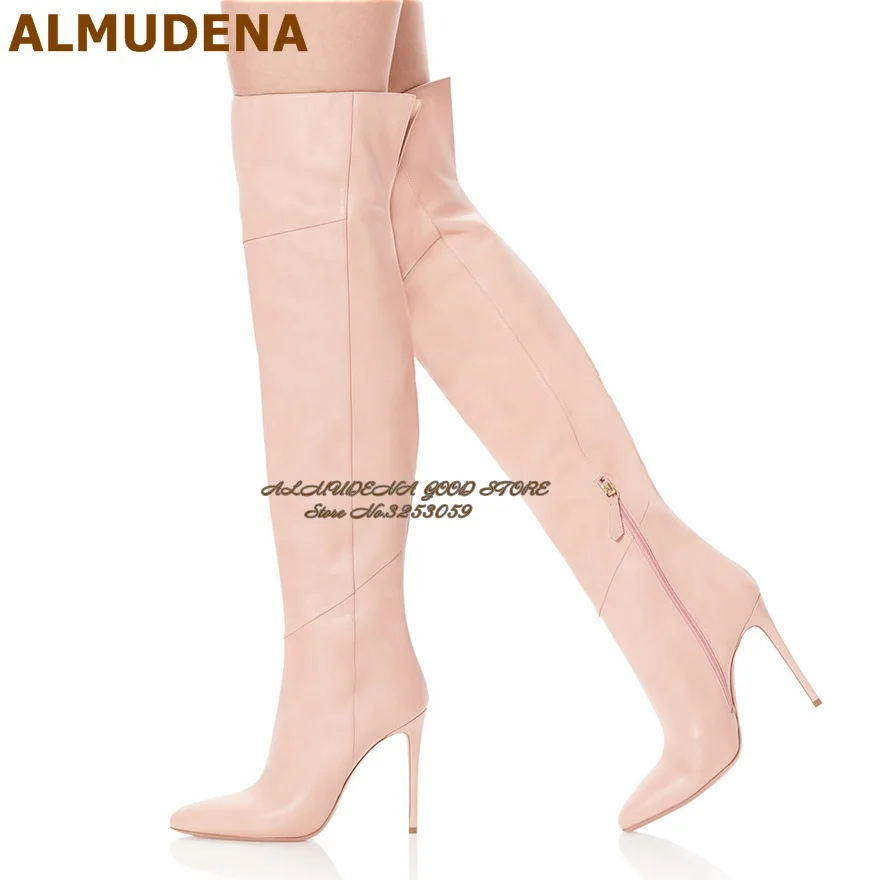 ALMUDENA Светло-розовые матовые кожаные сапоги выше колена. Сапоги до бедра с шитьем