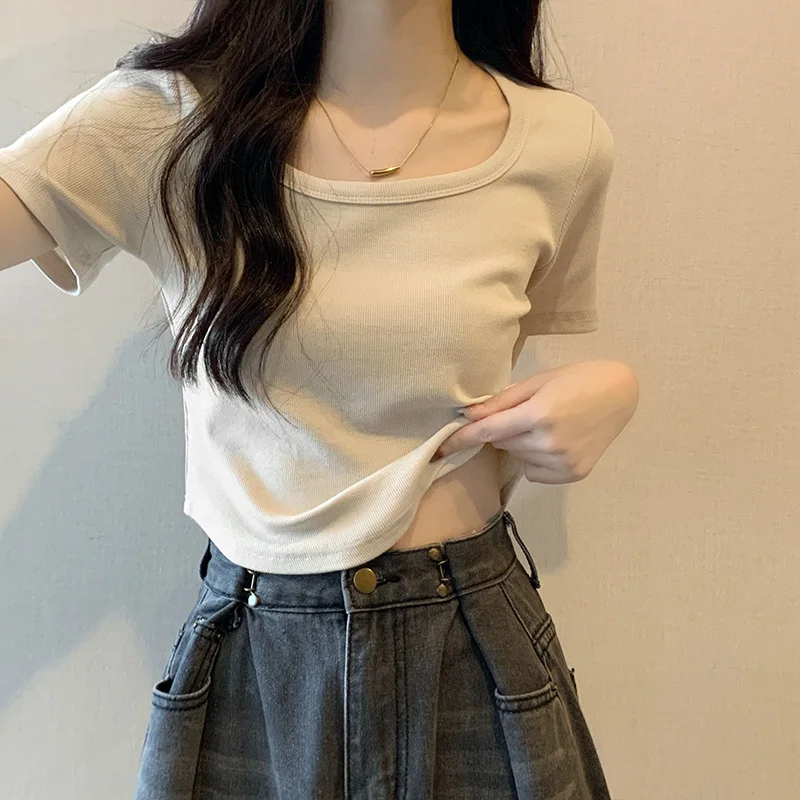 

Summer Square Neck Short Sleeve T-shirt Women's Irregular Slim Fit Slim Curved Bottom Short Spicy Girl Top