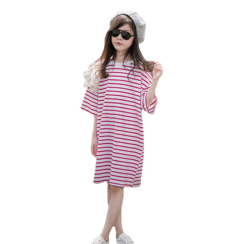 

New Teen Kids Girls Midi Dress Cotton Children Stripe Dress 2022 Summer Lace Patchwork Clothes Causal Stretched A073