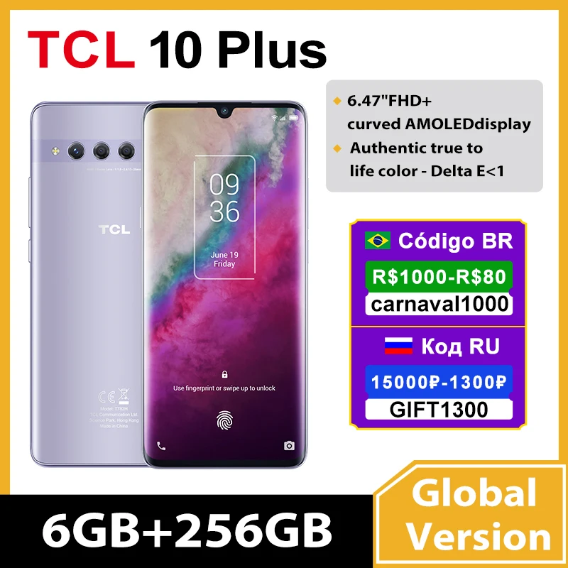 Global TCL 10 Plus Smartphone 6GB/256GB NFC 6.47" Full Screen AMOLED Snapdragon 665 48MP Camera Mobile Phone Android10 4500mAh