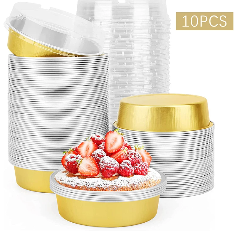 

10Pcs 35ml Round Aluminum Foil Baking Mini Cake Pan Baked Cup With Plastic Lid Disposable Cake Baking Cups Muffin Cake Mold