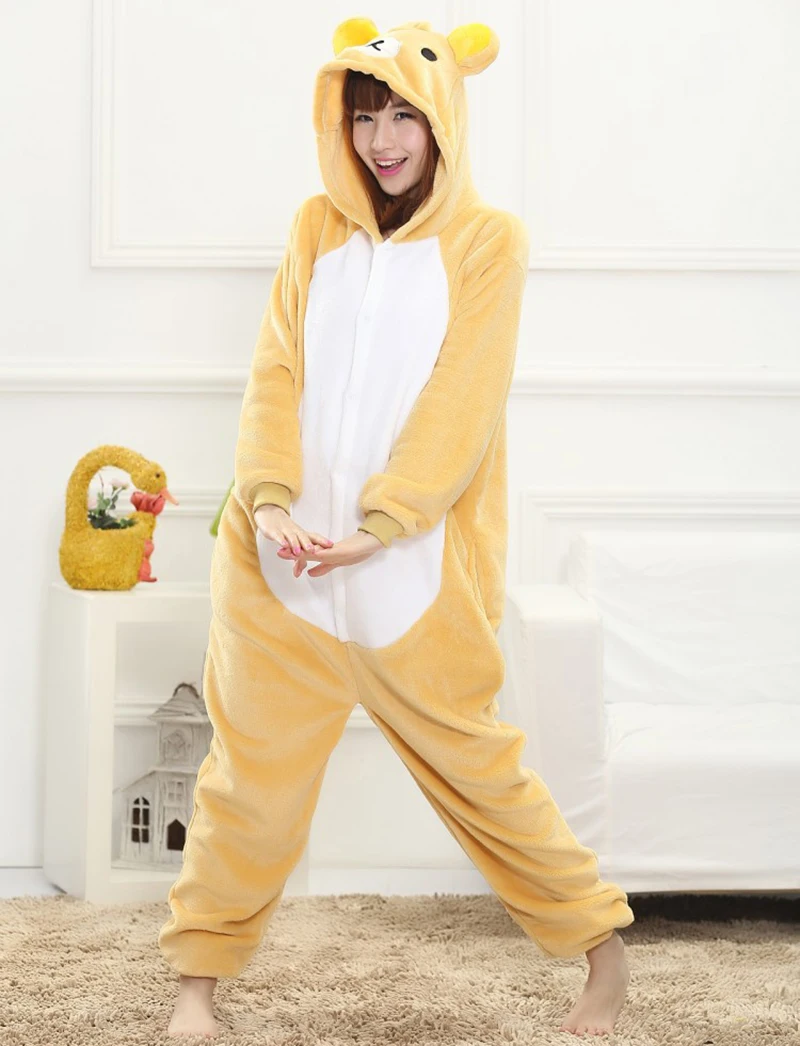 Unisex Winter One-Piece Cartoon Bear Pajamas With Two Round Ears Polyester Warm Length To The Floor Cute Sleepwear Cosplay