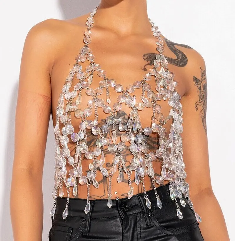 

2023 body chain New New hollow shiny crystal pendant vest for women