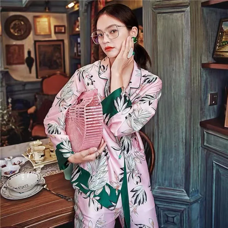 Floral Print Women's Pajama Set Pink Summer Satin Ladies Home Suit Spring Pijama 2 Pieces With Pants Home Wear For Female 2023