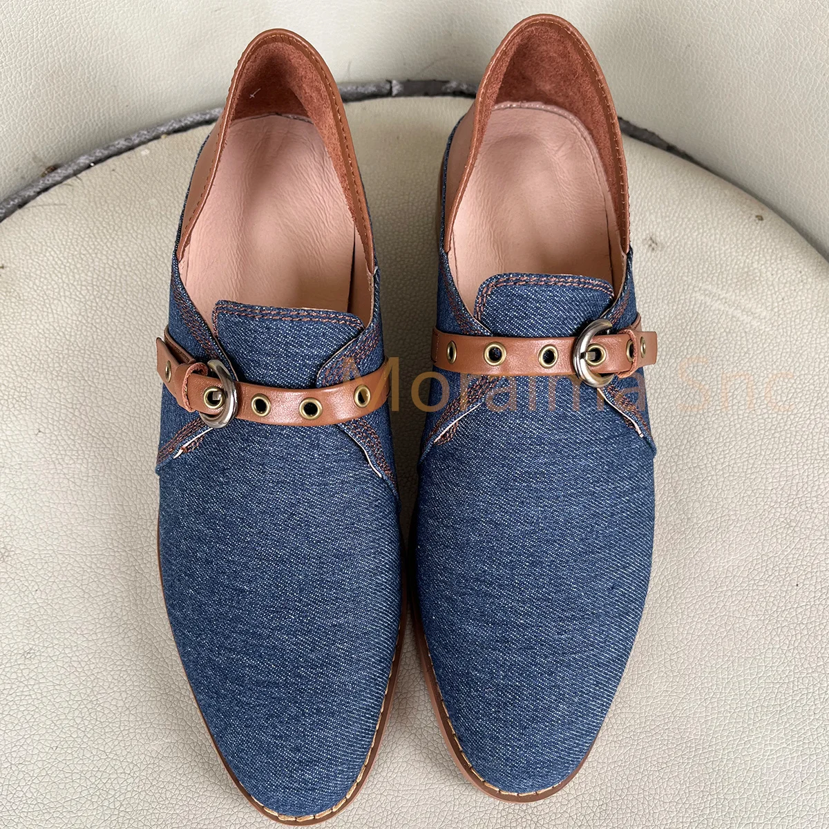 Belt Buckle Denim Shoes for Women Pumps Slip On Flats College Style Casual British Single Shoes Daily All Match 2023 Spring New