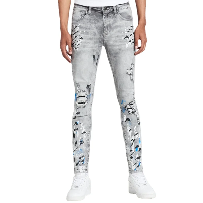 Trend Streetwear Mens Jeans Hip-hop Ripped Tight Fashion Splash-ink Casual Male Trousers Full Length Denim Pants