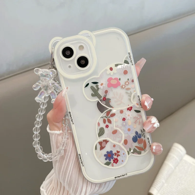 

Cute Cartoon 3D bear bracelet soft silicone Phone Case for iPhone 13 12 11 14 Pro Max XR X XS 6 7 8 Plus SE Mini flower Cover