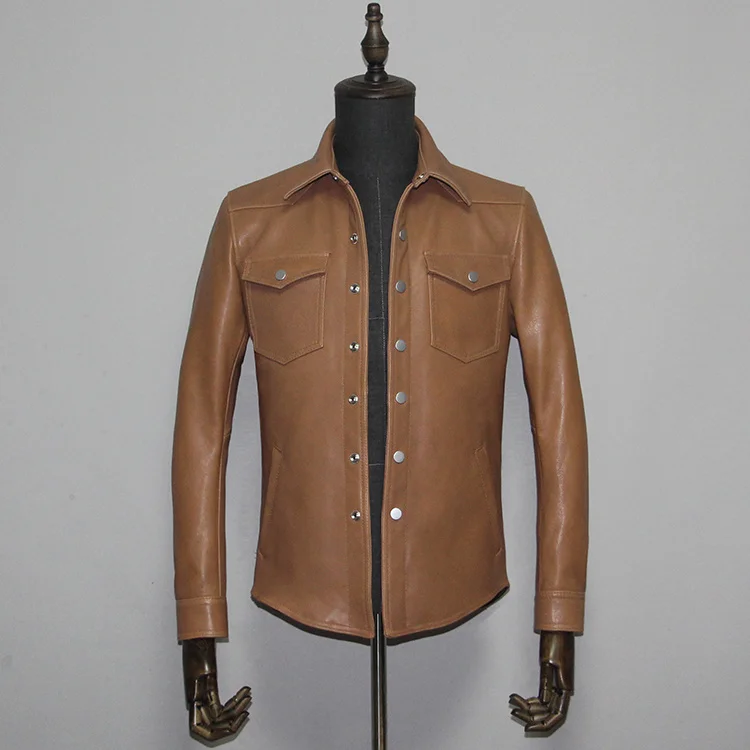 

Sheep Skin Genuine luxury brand real quality shirts.Brand vintage Heavy tanned sheepskin jacket,brown slim genuine leather coat