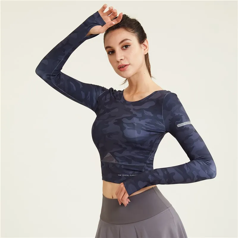 

Sexy Women Camouflage Sport Shirts High Elastic Printing Gym Yoga Tops Running Breathable Long Sleeve T-Shirts Tie Dye Top