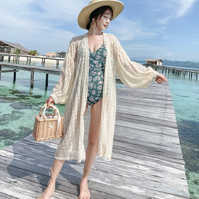 Женская пляжная блузка Длинная накидка на бикини кружевная вязаная открытый