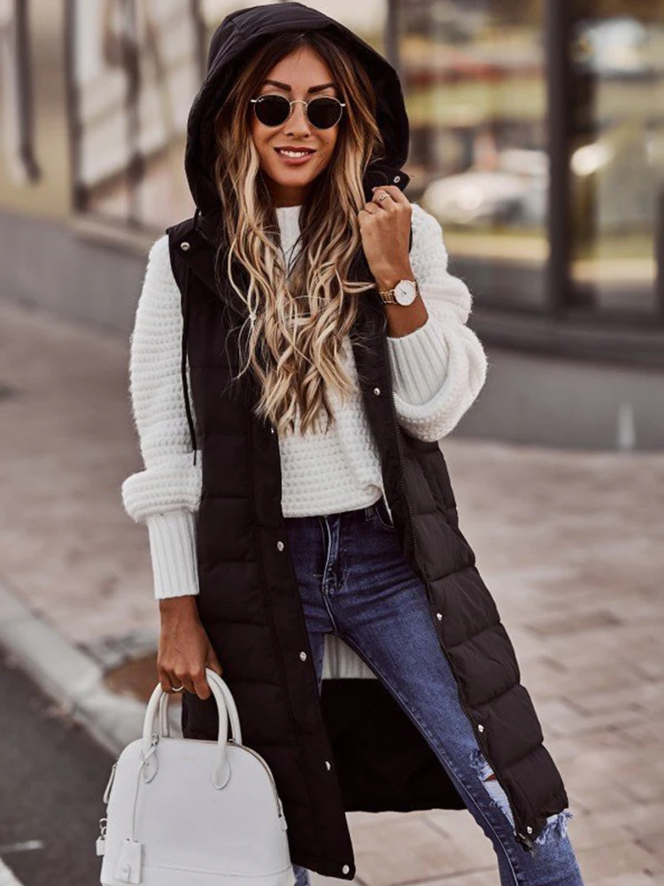 

Зимний Длинный жилет с капюшоном, элегантная однобортная куртка без рукавов, повседневный пуховик, модная уличная безрукавка, свободная теплая верхняя одежда