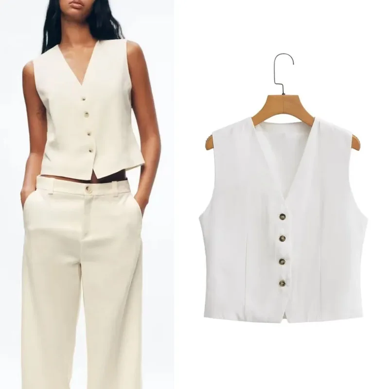 

TRAF 2023 Women'S Vest Vintage Single Breasted Waistcoat Elegant Sleeveless Jackets Fashion V-Neck Female Vests Casual New Coats