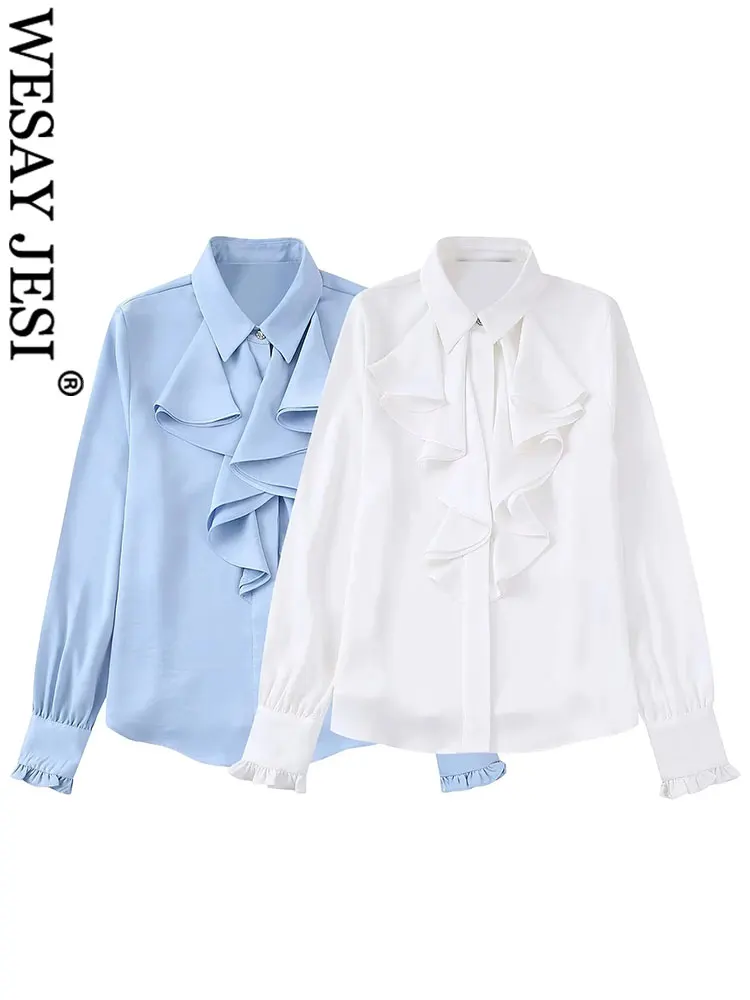 WESAY JESI TRAF Women's Layered Embellished Satin Blouse Elegant Solid Color Ruffle Long Sleeve Button Female Casual Shirts