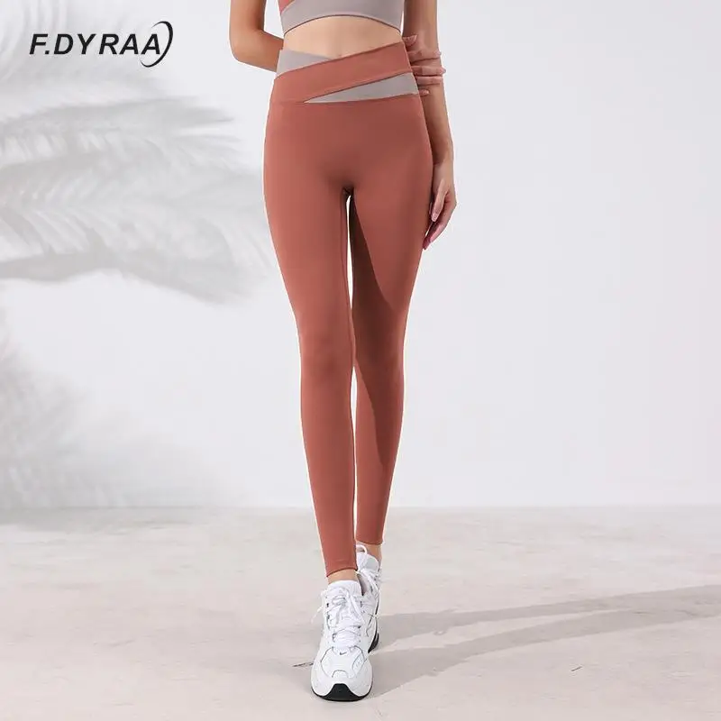 Women Yoga Pants Fashion Patchwork Color Crossover High Waist Hip Lift Sport Leggings Quick-dry Gym Fitness Workout Tights