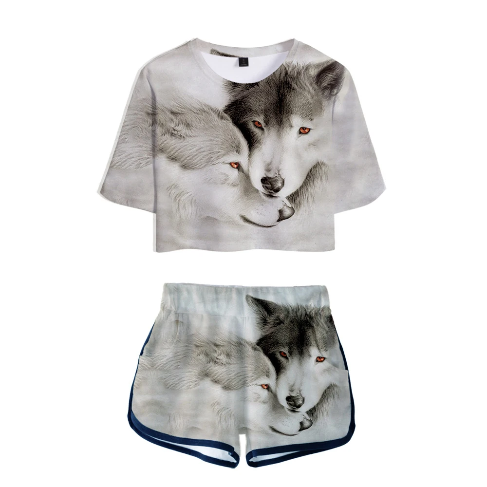 

Женская футболка с 3D принтом Луны и волка, короткий топ + шорты, Женский комплект из двух предметов, креативный женский спортивный костюм, спортивная одежда, футболка для девочек