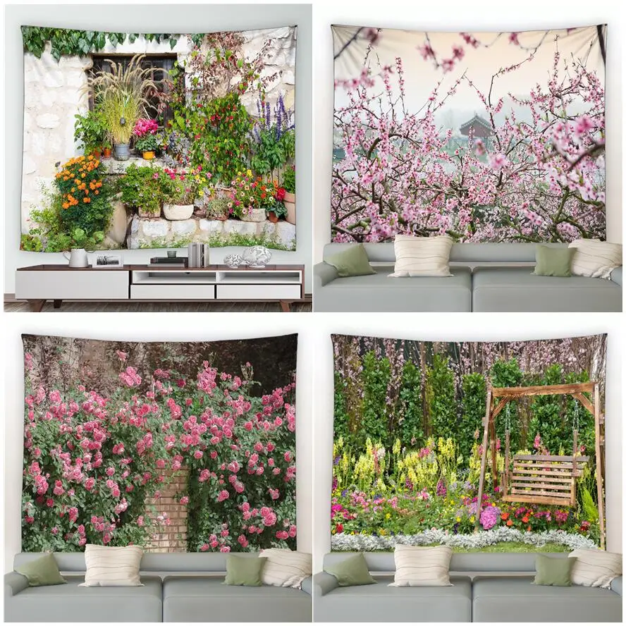 

Park Plant Flower Tapestry Retro Wall Pink Flower Green Leaf Plant Forest Swing Garden Wall Hanging Home Living Room Decoration