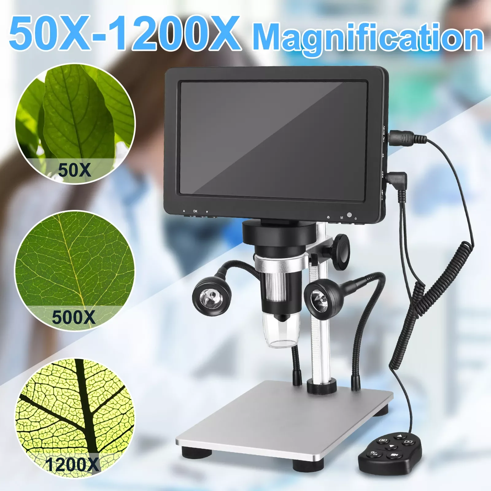 

7 Inch LCD Digital USB Microscope with Wired Remote Control Card, Koolertron 12MP 1-1200X Magnification Camera Video Recorder