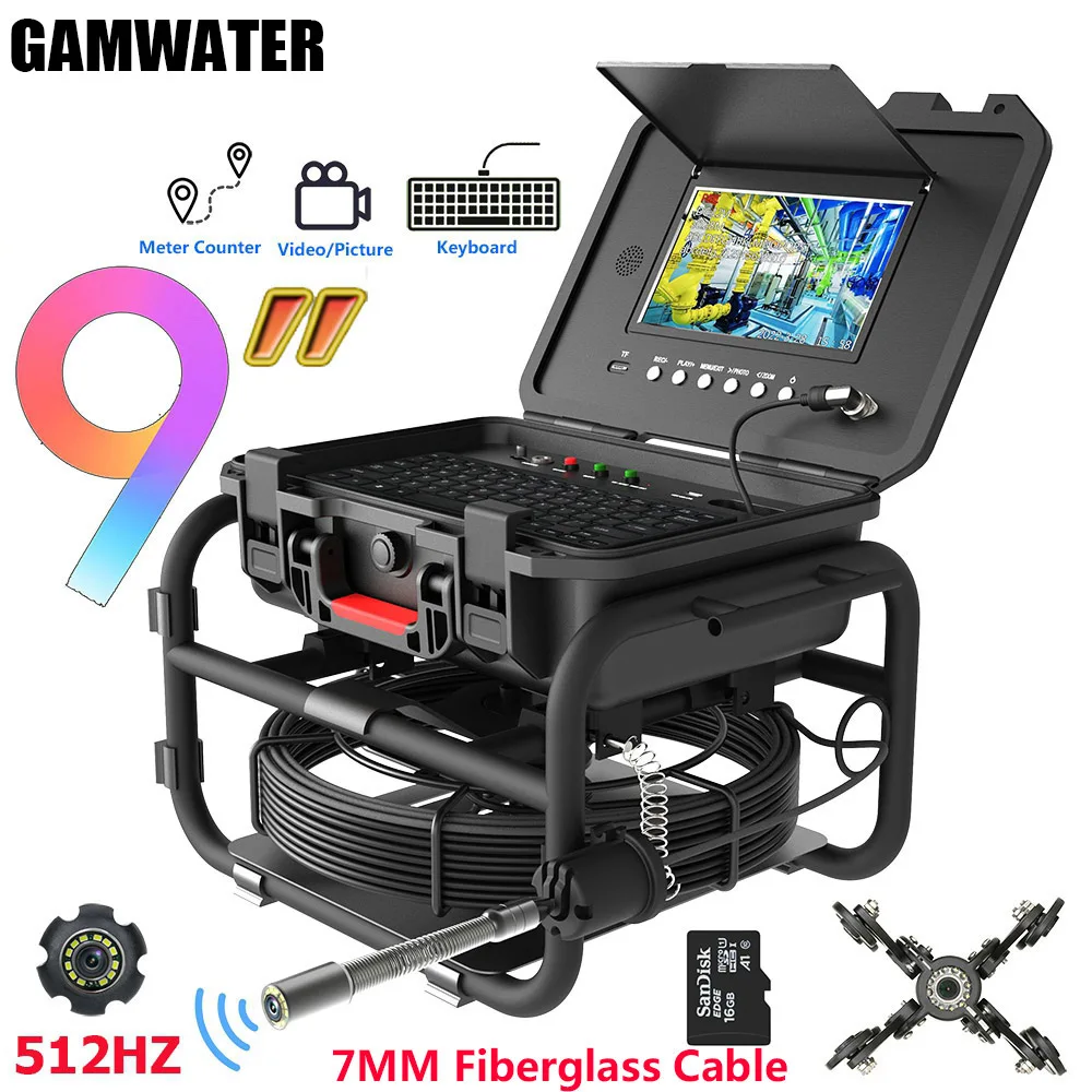 

9" HD IPS 1080P Sewer Pipe Inspection Camera 512HZ Locator Video+Audio Recording 5X Image Enlarge+Meter Counter Endoscope Camera