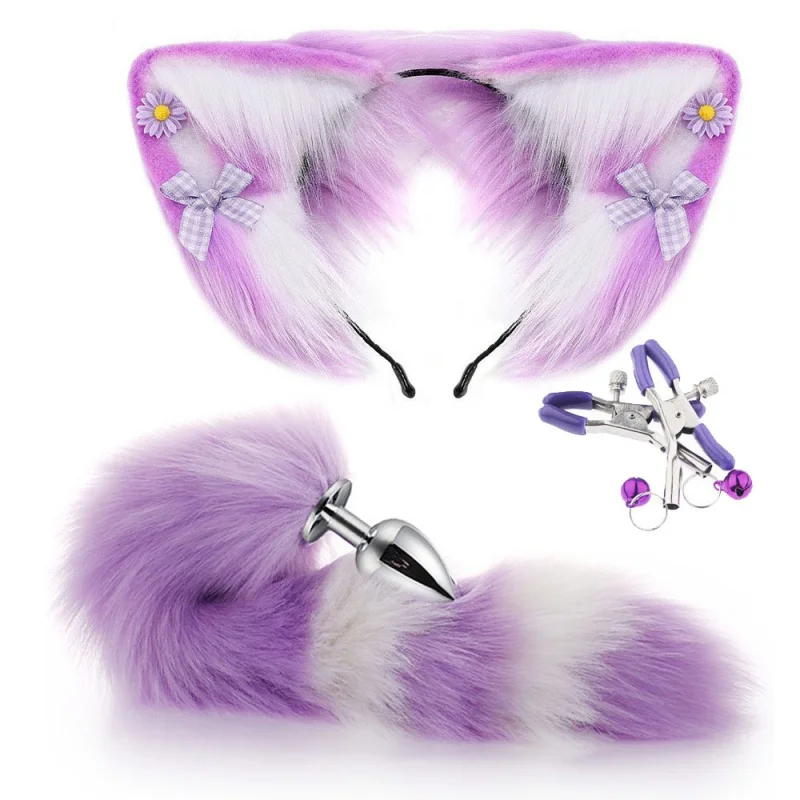 

New Sexy Fox Tail Anal Plug Cute Cat Ears Headbands Set Nipple Clip Metal Butt Plug Couples Erotic Cosplay For Adult Sex Toys
