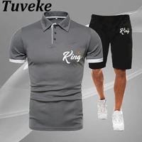 tuvekes latest mens king print series drawstring solid color suit sports commuting all match leisure 2 piece set