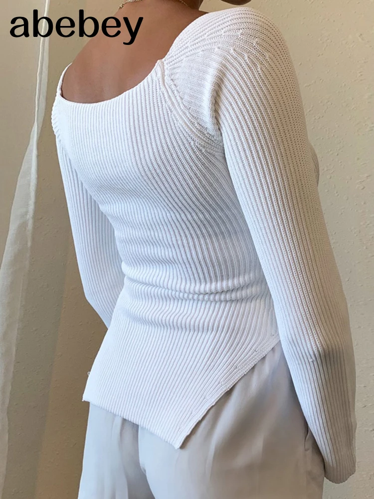 Свитер Женский вязаный с квадратным вырезом и длинным рукавом черный белый -