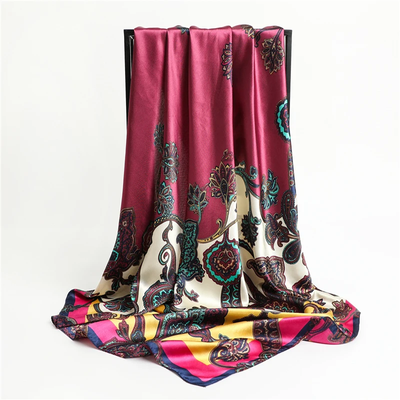

2021 Design Silk Satin Scarf Hijab Women Bandana Muslim Headscarves Shawl Wrap Foulard 90cm Square Scarfs Headband Accessories